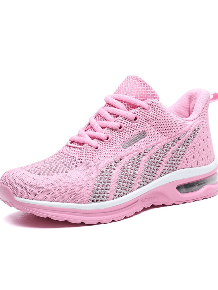 Pink stylish mesh flexible lace-up women's sneakers with low upper height and cushioning insole, perfect for active ladies.